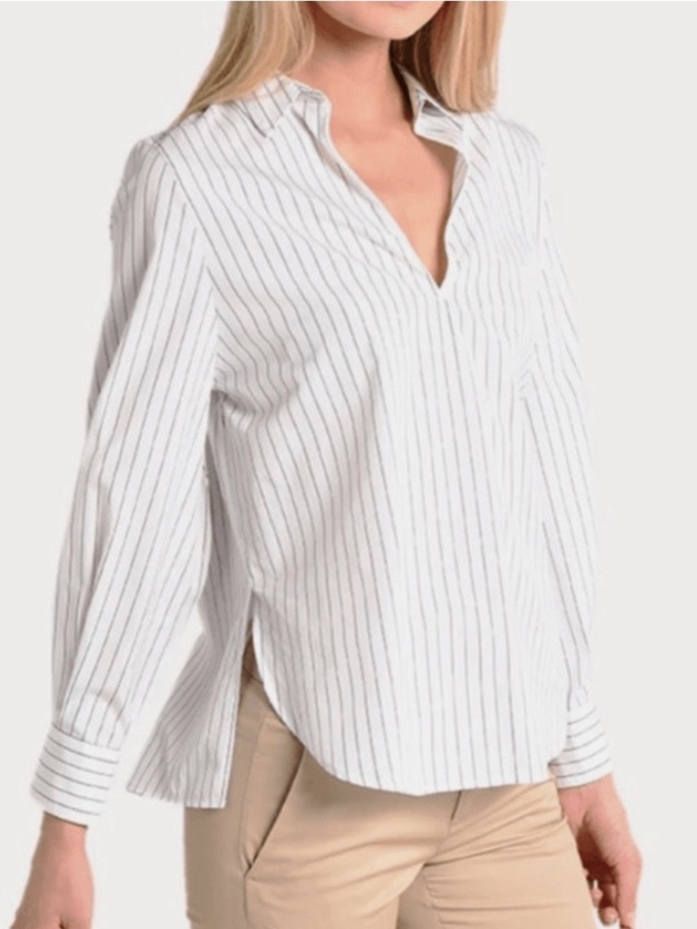 Vince 100% Cotton Bar Striped Split-Hem Shirt White Popover Women’s M